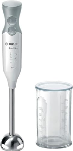 Bosch Stabmixer ErgoMixx MSM66110, Edelstahl-Mixfuß, Mix- und Messbecher, 2 Geschwindigkeitsstufen, leichtes Gehäuse, 4-Klingen-Messer, einfache Reinigung, 600 W, weiß/grau