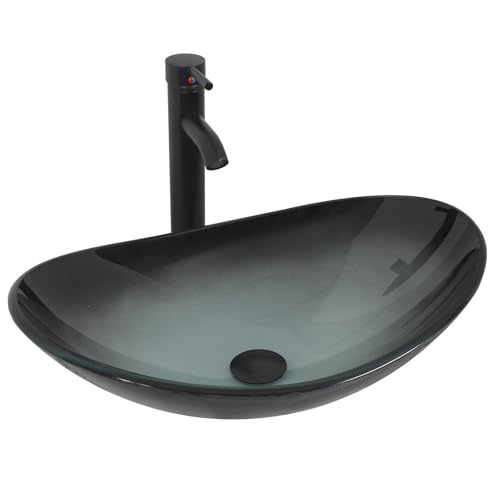 YU YUSING Waschbecken Glas Aufsatzwaschbecken Waschtisch, Oval Hand Waschschale mit Wasserhahn Set, Waschplätze für Badezimmer Küche Gäste WC, Modern Mintgrün