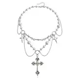 Clataly Crystal Cross Pearl Halskette Gothic Choker Kruzifix Anhänger Halskette Silber Perlen Schmuck für Frauen und Mädchen