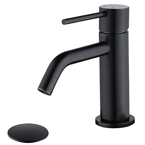 JXMMP Ölgeriebener Bronze-Badezimmer-Wasserhahn, Armatur Badezimmer, Waschbecken Armaturen, Einloch, Einhandgriff, Bronze-Waschbecken-Wasserhahn, mit Pop-Up-Ablauf und Wasserhahn-Zuleitungen