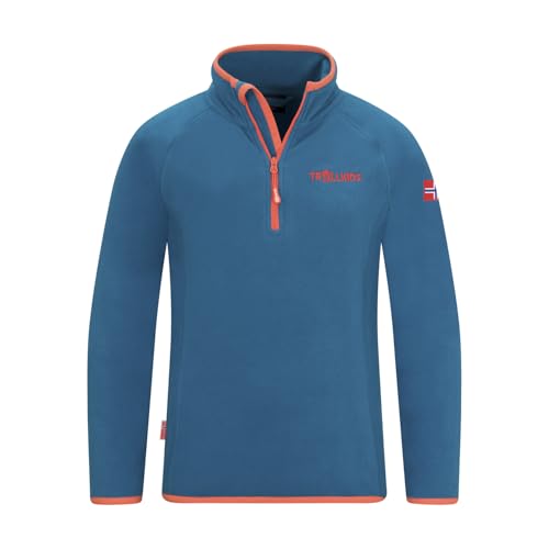 Trollkids Kinder Fleece-Pullover Nordland mit Reißverschluss, Atlantisblau/Orange, Größe 128