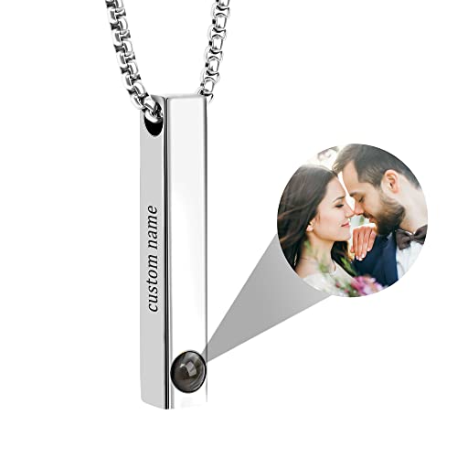 Personalisierte Foto Projektion Halskette Benutzerdefinierte Gravierbar Name/Text Vertikale Balken Anhänger mit Bild im Inneren, Schmuck Geschenk für Männer Frauen (Silber)