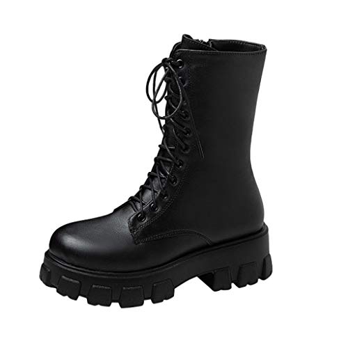 -Stiefel in Übergröße mit dickem Absatz, runder Zehenpartie, kurze Motorradstiefel Damen Schuhe Warmfutter (Black, 41)