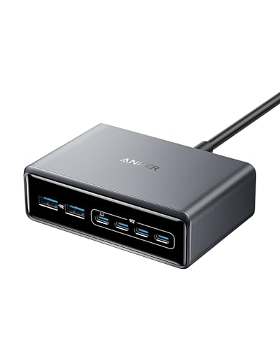 Anker Prime Ladegerät, 200W 6 Anschlüsse GaN Ladestation, USB-C PD Desktop Ladegerät mit Schnell-Laden, kompatibel mit iPhone 16, Samsung, MacBook, Dell und mehr