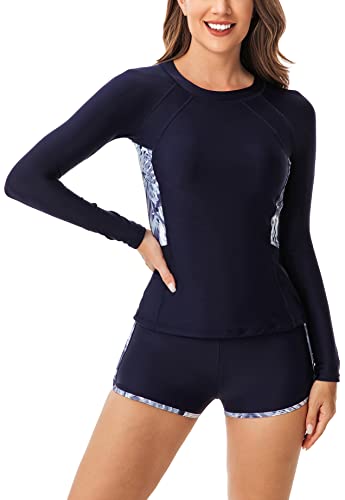 SEAUR Rash Guard Damen Langarm Slim Fit Zweiteiler Badeanzug UPF 50+ UV Schutz Schwimmanzug Shirt und Shorts Sonnenschutz Bademode - XXL