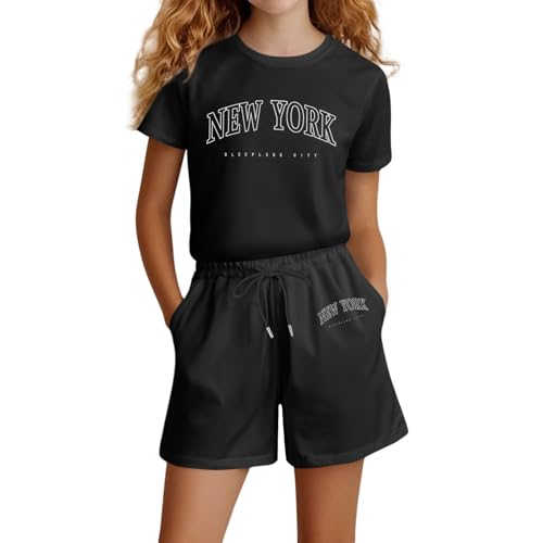 Sportbekleidung Kinder Mädchen 164 Set Baumwolle 2 Teiler Sportanzug New York Kurze Hose Und T-Shirt Sport Mode Sommer Outfit Freizeit Trainingsanzug Jogging Kleidung Lässige 2 Piece Set