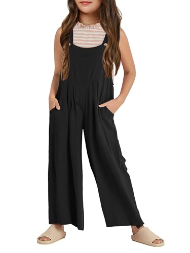 Haloumoning Mädchen Overalls Kinder Lässiger ärmelloser Jumpsuit mit weitem Bein Lose Strampler mit Taschen Schwarz 10-12 Jahre