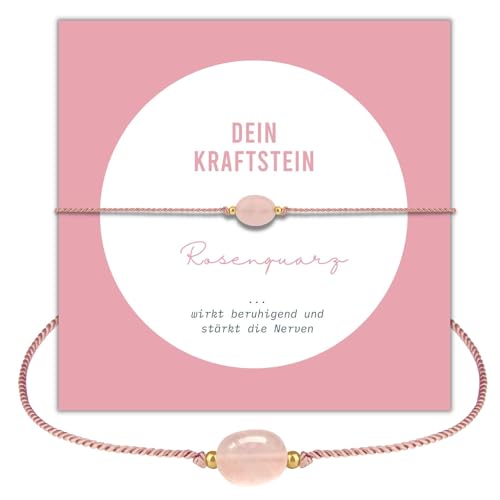 happymaker - Rosenquarz Armband Damen, handgemacht Edelstein Armband rosa mit Goldperlen und exklusiver Geschenkverpackung als Kraftgeber Geschenk für Frauen und Mädchen