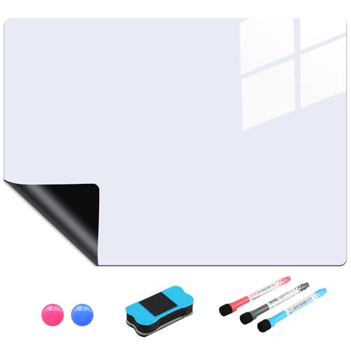 A3 Magnetisches Whiteboard für Kühlschrank, Weiße Magnettafel Küche, Abwischbare whiteboard magnetisch, inkl. 3 Stiften, 1 Radierer, 2 Magnetes, Flexibler magnettafel weiß für Büro Schule Küche.