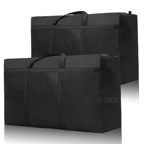 Kongming 2 Stück 180L Aufbewahrungstasche xxl Wasserdichte 600D Oxford Schwarz Extra Groß Umzugstaschen mit Reißverschluss Handgriff für Bettdecken Kissen Kleidung Bettwäsche Aufbewahrung Umzug