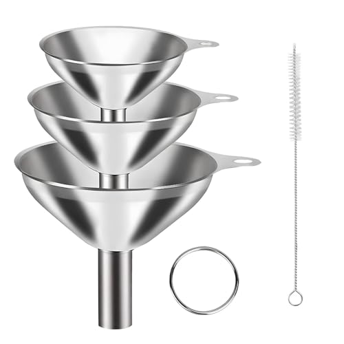 3 Stück Trichter Edelstahl set, Stapelbarer Kleiner Trichter mit 1 Langem Griff Reinigungsbürste, Mini Edelstahl Trichter Küche geeignet zum Umfüllen von Flüssigkeiten und, kleine Flaschen