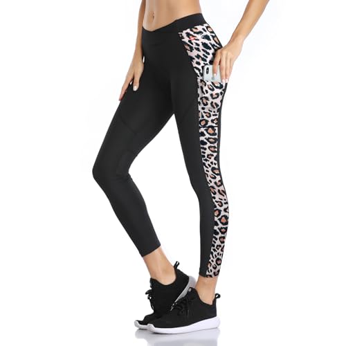 Santic Fahrradhose Damen Lang Gepolstert 7/8 Radlerhose Radsport Leggings Tights Lange Hosen Sitzpolster Elastische Schnell Trocknend Atmungsaktive Leopard XXL