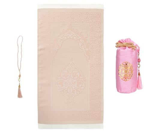 Prien Gebetsteppich Mit Gebetsperlen Für Islam, Muslimische Geschenke Bayram, Seccade Tesbih Teppich Für Frauen Männer, Namaz Set, Muslim Gebetsmatte Ramadan, Gebet, Beten, Eid, Quran (Rosa)