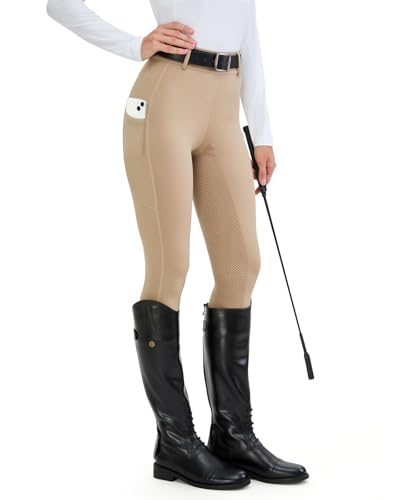 HMILES Reitleggings Damen Vollbesatz High Waist Elastische Reithose Damen mit Handytasche Gürtelschlaufen Khaki S