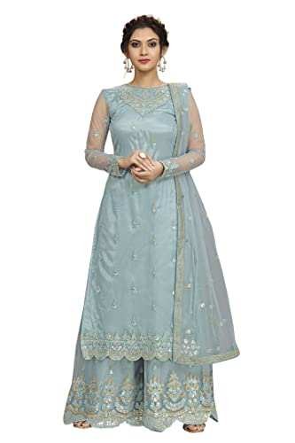 TRENDMALLS Damen Netz Stickerei Sharara Anzug Set Indisch Pakistanisch Hochzeit Ethno, Himmelblau, XX-Large