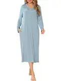 Vlazom Nachthemd Damen Langarm Schlafkleid V-Ausschcnitt Weich Umstandskleid Stillnachthemd Sleepshirt mit Taschen（S，Stil A-Blau）