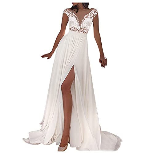 Abendkleid mit Schlitz, Brautkleid Damen Lang,Spitze Hochzeitskleider für Damen V-Ausschnitt A-Linie Weiß Tüll mit Schleppe Prinzessin Brautmode Kleid Frauen Abendkleider Cocktailkleid Frauen