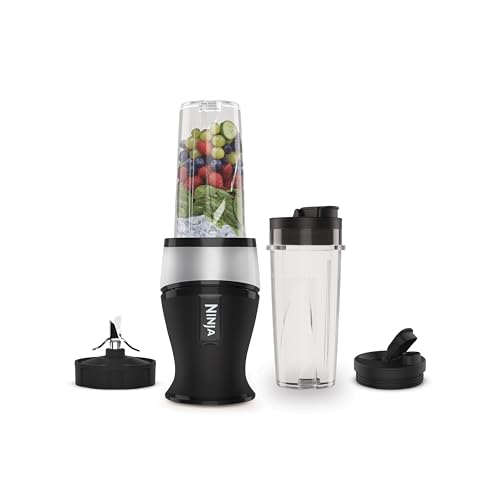 Ninja 700W Slim Mixer & Smoothie Maker, 2x 470ml Becher mit Ausgussdeckel, persönlicher Mixer, Zerkleinert Eis & Gefrorenes Obst, Silber/Schwarz QB3001UKS