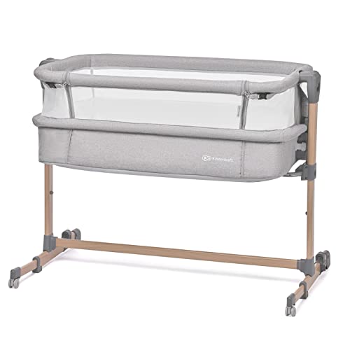 Kinderkraft Zustellbett NESTE AIR, Beistellbett, Kinderbett, Kinderreisebett, 2 in 1, Holzelemente, Höhenverstellung, Matratze, Luftzirkulation, Leichte Konstruktion 9 kg, Zubehör, Grau