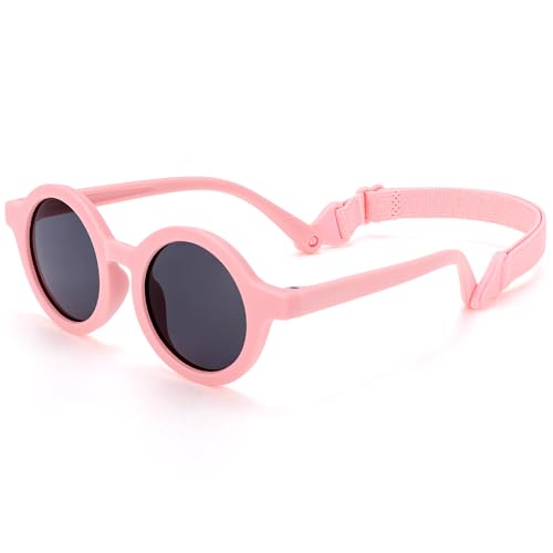 BTHRORO Kinder Sonnenbrille für Jungen und Mädchen, Niedliche UV400 Schutz Polarisierte Sonnenbrille Runde Baby Sonnenbrille mit Verstellbar Gurt für 0-2 Jahre