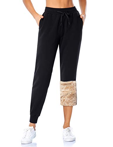 MOVE BEYOND Damen Warme Gefütterte Jogginghose Thermo Fleece Hosen mit 2 Taschen Winter Verdickte Laufhose Freizeithose mit Kordelzug Sherpa-Innenfutter Sweathose, Schwarz, Plüschhose, M