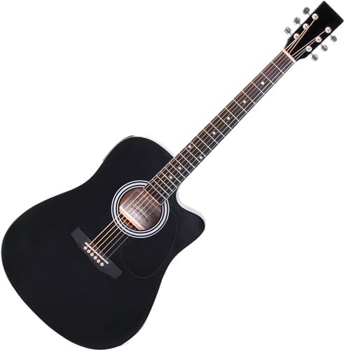 Classic Cantabile WS-10BK-CE Westerngitarre mit Tonabnehmer (Akustik und verstärkt, Dreadnought, Cutaway, 3-Band EQ + Presence, Stimmgerät Tuner mit LCD, XLR und Klinke) schwarz Hochglanz