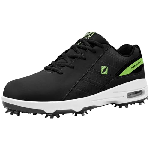 Fenlern Herren Golfschuhe Anti-Rutsch-Leichte Outdoor Golfschuh mit Spikes für Männer Golf Training (Schwarz Grün, 46)