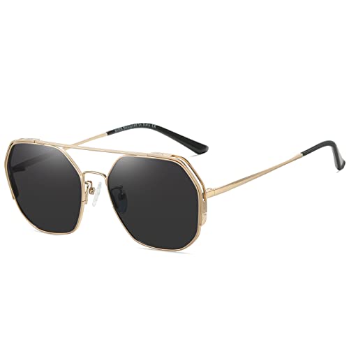 SHES Double Bridge Polygon Polarisierte Sonnenbrille für Frauen Designer Klassische Sonnenbrille Hexagon Frame Shades SH3016 (Gold Rahmen Grau Linse)