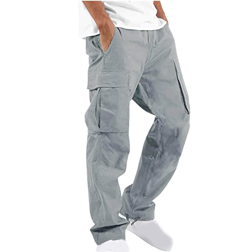 UHouse Cargohose Herren Hose Sommer Baumwolle Cargo Hosen Baggy Arbeitshosen Männer Leichte Sommerhose Bequeme Freizeithose mit Gummizug Freizeit Einfarbig Pants Meine Bestellungen Grau L