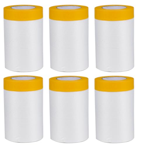 6 Rollen Abdeckfolie Klebeband mit Folie 55cm*20M Klebeband mit Transparent AbdeckFolie UV Beständig Goldband Masker Tape Malerkrepp Selbstklebende Malerfolie Malerband