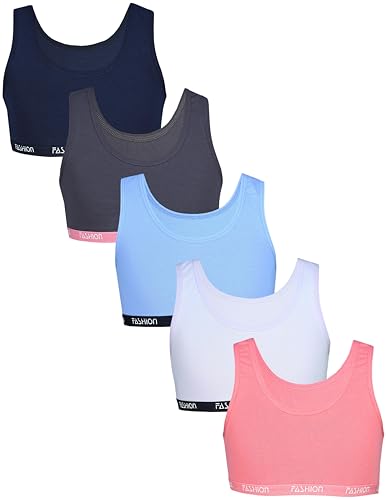 TupTam Mädchen Bustier mit breiten Trägern 5er Pack, Farbe: Fashion Dunkelblau Dunkelgrau Blau Apricot Lila, Größe: 158-164