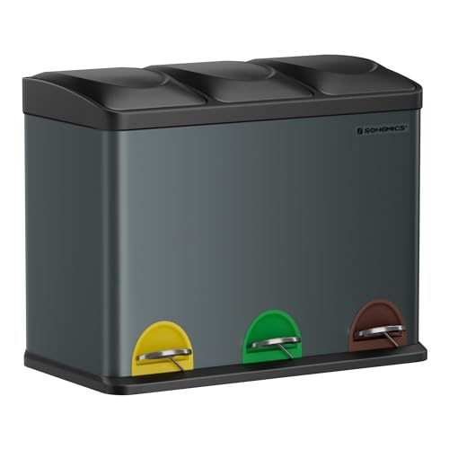 SONGMICS Mülleimer Küche, Mülltrennsystem 3 Fächer, Abfalleimer, 45 Liter Treteimer aus Metall, 3 x 15 Liter, Tretmülleimer mit Deckel, Stahl, grüngrau-tintenschwarz LTB45G