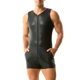 QiaTi Herren ärmellose kurze Hose Leotard Zip Strumpfhose Kunstleder Bodysuit mit 2 Taschen für Casual Club