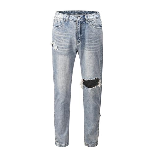 Europäische und amerikanische High-Street-Modemarken im Used-Look, verwaschene Löcher, Katzenschnurrhaare, zerstörte, dekonstruierte, löchrige, einreihige Jeans – 1–30