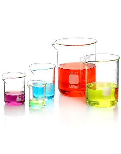 QWORK® Glas Becherglas 25ml 50ml 100ml 250ml 500ml, 5er Set Abgestufter Messbecher für Labor Küche