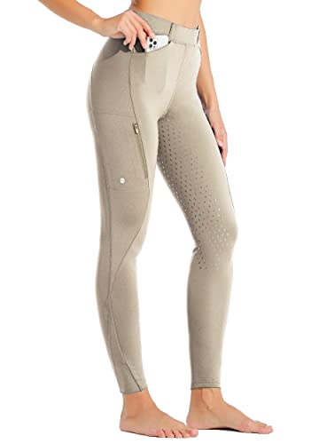 WILLIT Damen Reithose Reitleggings Vollbesatz Silikon Reithose High Waist Stretch Reithose mit Reißverschlusstasche Gürtelschlaufen Khaki M