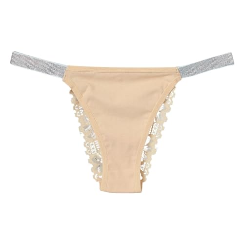 Damen-Spitzenhöschen, ouvert, Tanga, Massage, Perlenhohlhöschen, Damen-Slip mit hohler Spitze, niedriger Taille, einfarbig, hochelastisch, silberfarbenes Band, Tanga Damen Unterwäsche Mit (Beige, M)