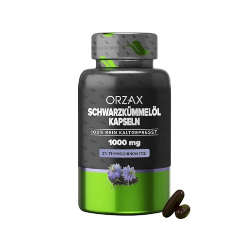 Orzax Schwarzkümmelöl Kapseln - 1000mg mit 20mg Thymochinon pro Tagesdosis (original Nigella sativa) - Türkisch - 90 Kapseln - naturbelassen & kaltgepresst, Laborgeprüft