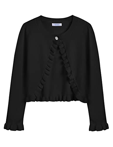 Arshiner Mädchen Basic Strickjacke Shrug Rüschen Kurzer Bolero Elegante Bolerojacke kurz für Kommunionkleid Taufkleid Schwarz 140