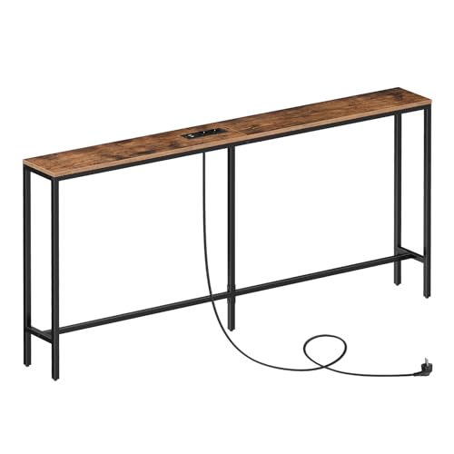 MAHANCRIS Schmal Konsolentisch mit Ladestation, 160 cm Beistelltisch, Flurtisch hinter dem Sofa, Ausstellungstisch für Sofa, für Flur, Wohnzimmer, Vintagebraun und Schwarz ACTHR165UE01