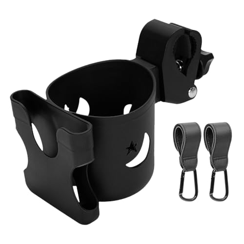 Geoyien Getränkehalter Kinderwagen, Becherhalter Kinderwagen, 1 Kinderwagenbecherhalter mit 2 Kinderwagenhaken, Schwarz