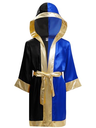 HULIJA Kinder Jungen Boxer Robe Langarm Boxer Mantel Kickboxen Umhang mit Gürtel Kampfkunst Muay Thai Trainingsmantel Training Schwarz Blau 122-128