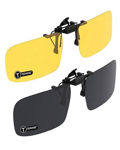 TERAISE Clip auf Sonnenbrille, 2er Pack/Tag + Nachtsicht Männer/Frauen UV400 Flip-Up polarisierte Sonnenbrille, Bequeme und sichere Pa