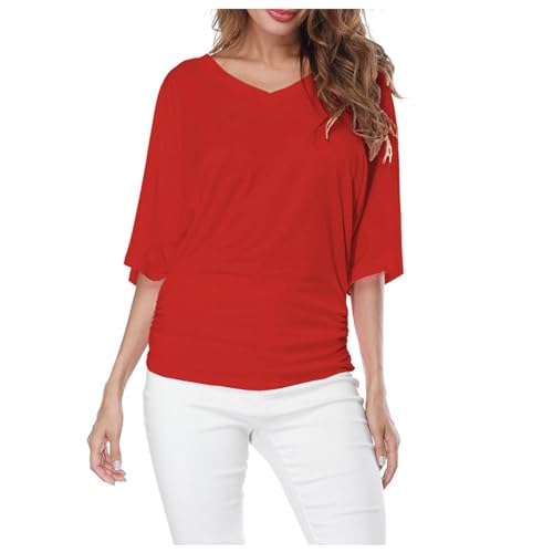 T-Shirt Damen Kurzarm Sport Sommer Oberteile Plus Top V-Ausschnitt Ärmel Batwing Lose T Shirt Mode Größe Falten Saum Frauen Solide Plus Größe Tops Damen Basic Kurzarm Crop Top Casual (RD1, M)