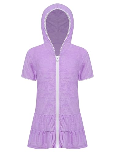 FEESHOW Kinder Mädchen Badeponcho Mit Reißverschluss Badeanzug Bikinii Cover Up Kleid Kinder Bademantel Mit Kapuze Nachtwäsche Robe Homewear Violett 134-140