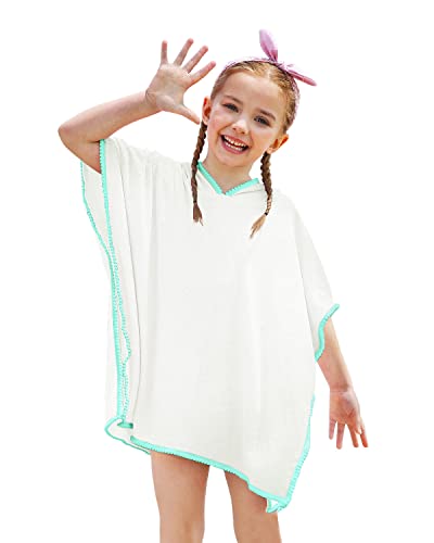 BesserBay Strandkleid Kinder Mädchen Girl Schwimm Handtuch Poncho Frottee Badeponcho Coverup Weiß Blau 120