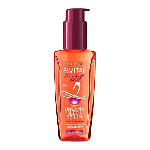 L'Oréal Paris Elvital Haarserum ohne Silikone, Hitzeschutz für langes, widerspenstiges Haar, Ohne Ausspülen, Haaröl mit pflanzlichen Proteinen und Kakaobutter, Dream Length No Frizz Serum, 1 x 100 ml