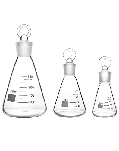 QWORK® Erlenmeyerkolben Set, Erlenmeyerkolben aus Borosilikatglas 50ml 150ml 250ml mit Glasstopfen