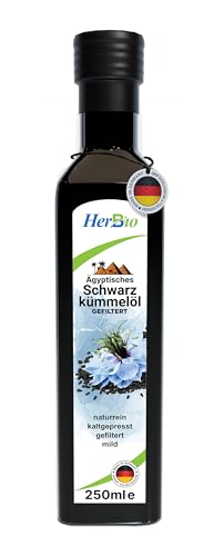 HerbBio ägyptisches Schwarzkümmelöl kaltgepresst gefiltert 250ml, schonend in Rohkostqualität, 100% naturrein Black seed oil, Frischegarantie: täglich mühlenfrisch direkt vom HerbBio.