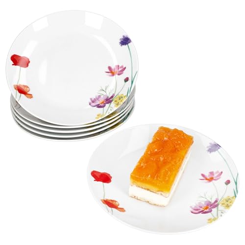 MamboCat Marie 6er Set Kuchenteller I Porzellan-Frühstücksteller mit Blumenwiese-Dekor für 6 Personen I kleine Teller für Salat, Dessert, Fingerfood & Co.